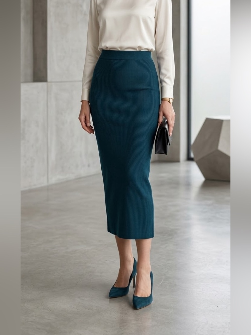 Minasmalha Heritage Teal Green Stretchy Midi Pencil Skirt Polished Minimalist